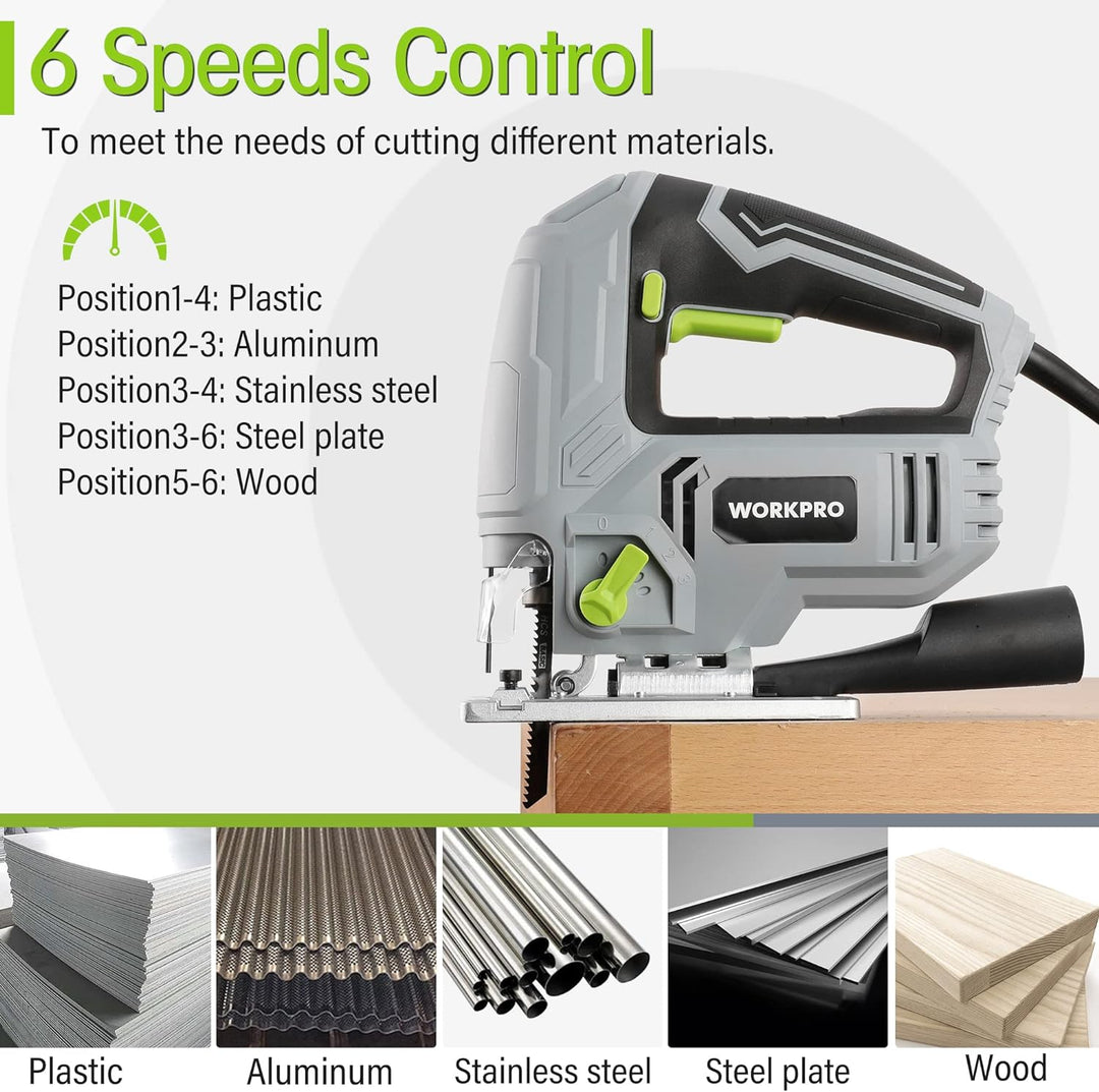 WORKPRO Stichsäge 600W, 3000 SPM mit 6 Geschwindigkeiten & 4 Orbitalpositionen, Schnellem Klingenwec