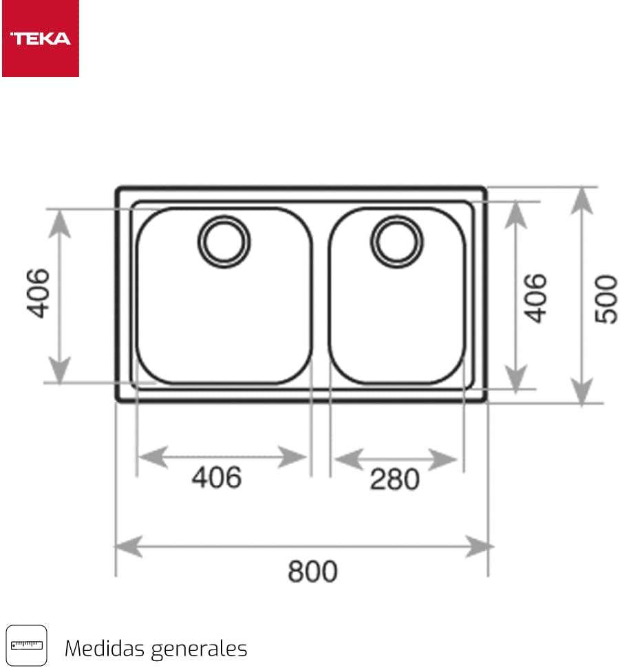 CLASSIC 2C 80 1Ø Fregadero inox 2 cubetas, 190mm, Øgrifo, Mueble 80