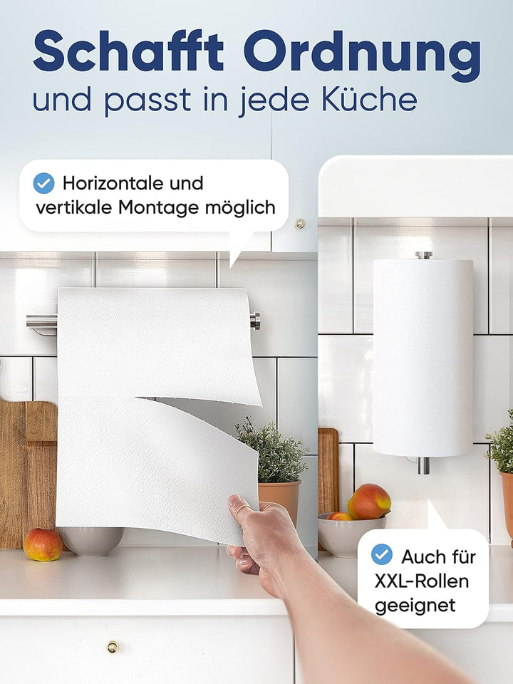 WOHNHELD® Küchenrollenhalter ohne Bohren [Mit Abroll-Bremse] für einhändiges Abreissen - Edelstahl S