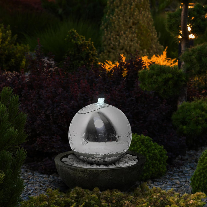 Köhko 30 cm Kugelbrunnen 21008 aus Edelstahl mit LED-Beleuchtung und Harzbecken Durchmesser = 30 cm