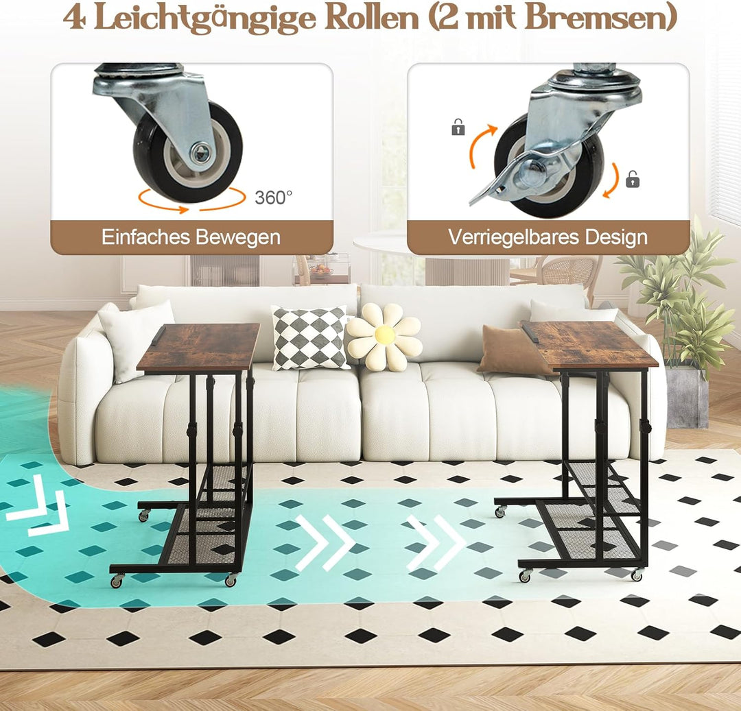 COSTWAY Betttisch auf Rollen höhenverstellbar, Pflegetisch mit neigbarer Tischplatte, Ablage & Kante