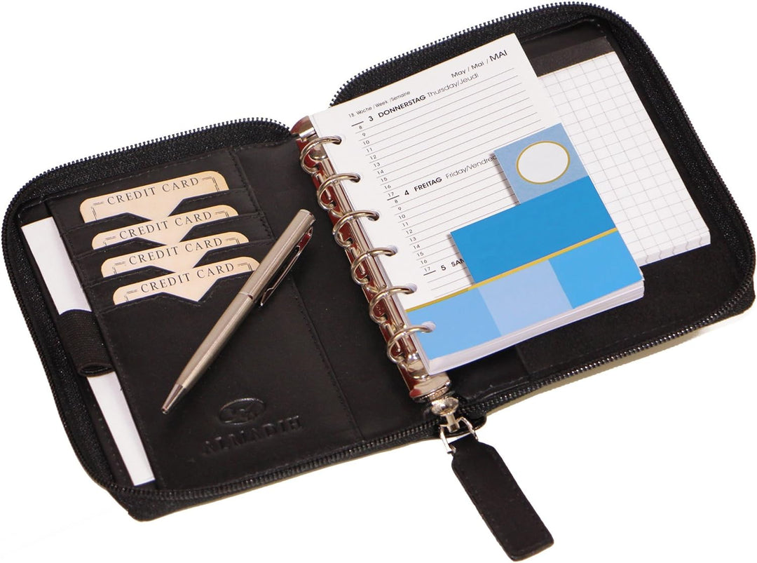 ALMADIH Leder A7 Organizer mit Reissverschluss Kalender 2024 Notizblock Premium Rindsleder Schwarz i