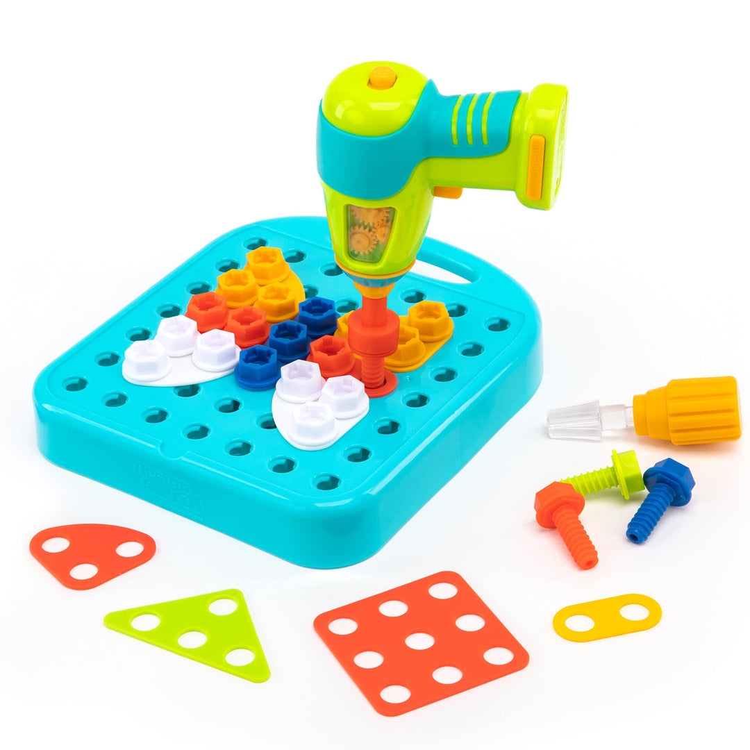 Learning Resources Design & Drill Formenwerkstatt, 73 Teile mit elektrischem Spielzeugbohrer, MINT-S