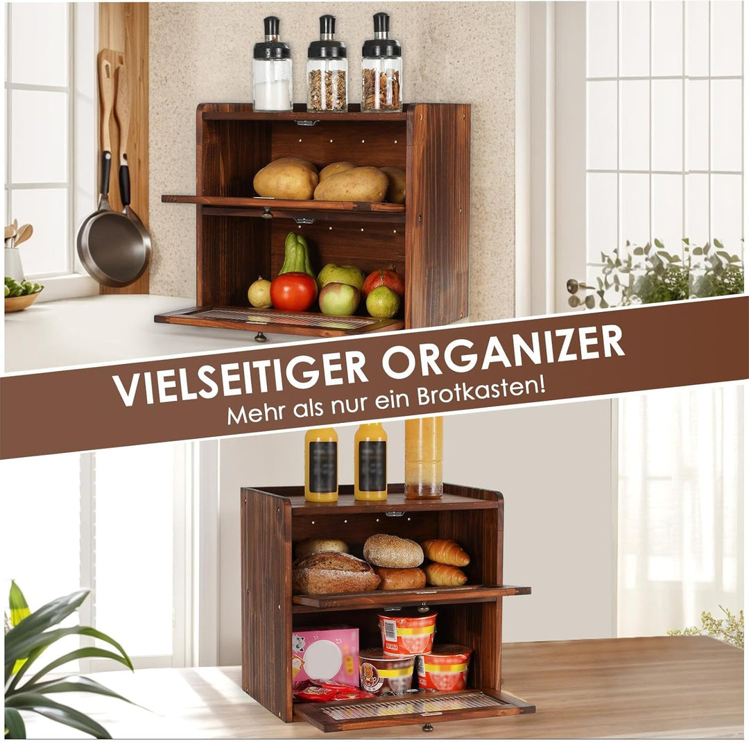 GUUSII HOME Brotkasten Gross Brotbox Küche Holz Gross Brotaufbewahrung 2 Etagen Brotkästen XL 36x24x