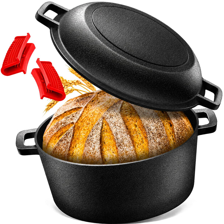 NZQXJXZ Gusseisen Topf Dutch Oven 26cm, Brotbacktopf mit Deckel zum Brotbacken, 2-in-1 Brotbackform