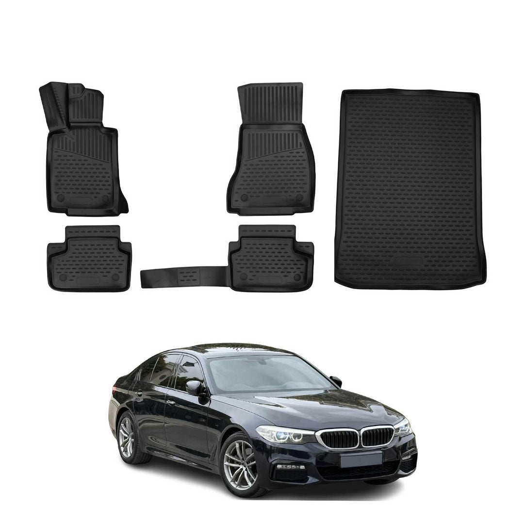 OMAC Fussmatten & Kofferraumwanne Set kompatibel mit BMW 5er G30 2017-2024 Gummi TPE Schwarz 5X Set