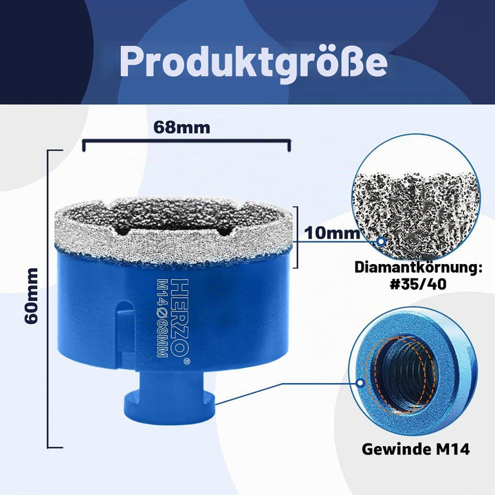 HERZO Diamant Fliesenbohrer 68mm, M14 Gewinde Trockenbohrer, Diamantbohrer Lochsäge, Diamant Bohrkro