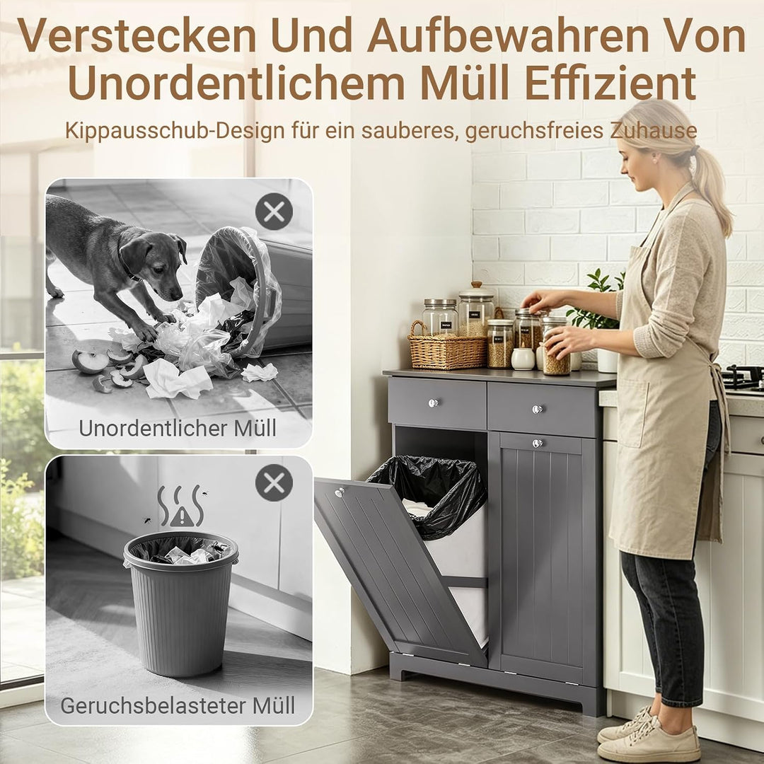 SoBuy Mülleimer Schrank mit 2 Fächern à 45L Mülltrennsystem Grau für Küche | Küchenschrank aus E1 MD