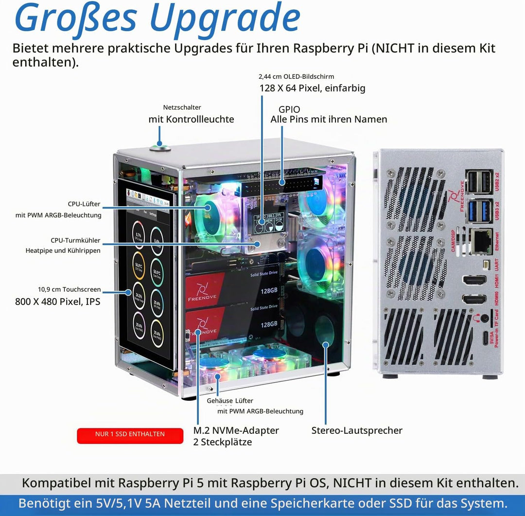 FREENOVE Raspberry Pi 5 Case Kit Pro (with 1x 128GB SSD), Dual M.2 NVMe SSD Slots, 5 PWM ARGB Fans L