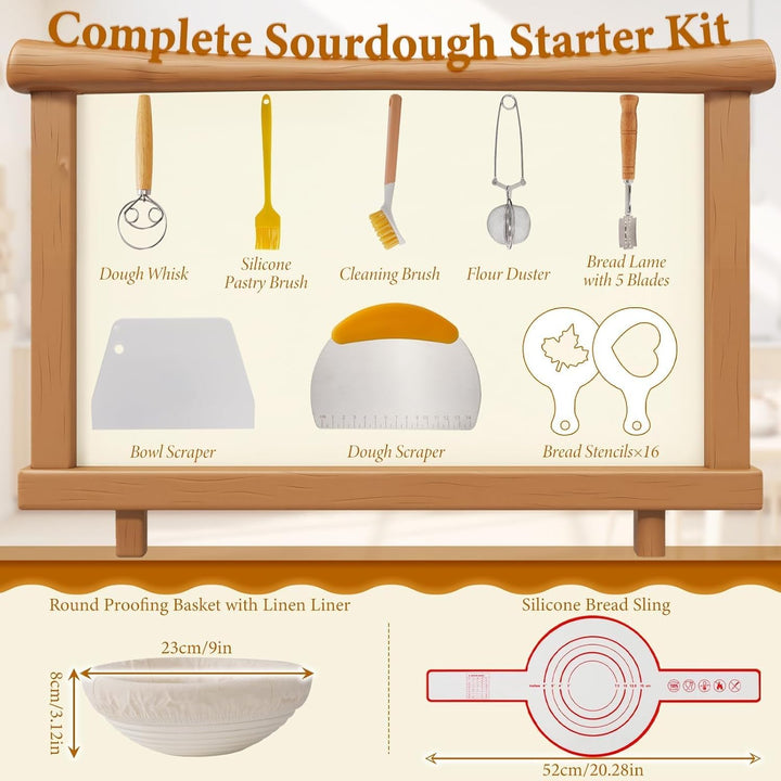 Sauerteig Starter Set, Gärkorb Brot Set, Komplettset Brot Backen Zubehör, Geschenk für Anfänger und