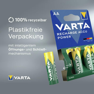 VARTA Batterien AA, wiederaufladbar, 4 Stück, Recharge Accu Power, Akku, 2400 mAh NI-MH, ohne Memory