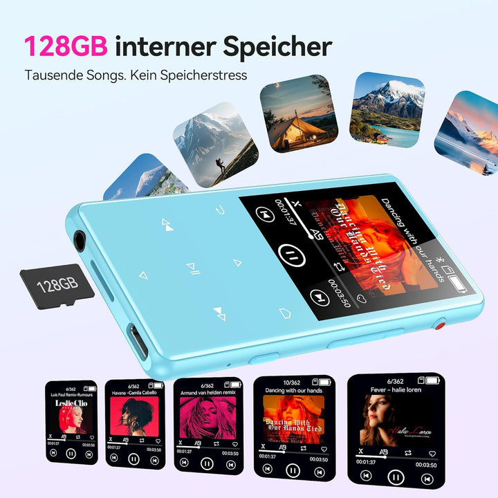 AGPTEK 128 GB MP3 Player mit Bluetooth 5.4, 2,4 Zoll Musik-Player mit One-Click-Aufnahme, eingebaute