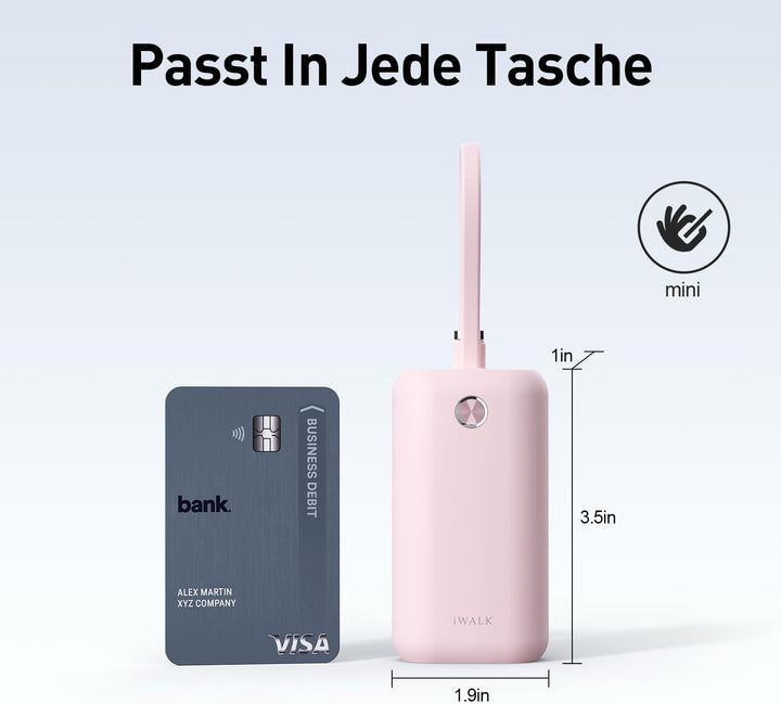 iWALK Mini Tragbares Ladegerät 10000 mAh, 22,5W USB-C Powerbank mit integriertem Kabel, Ultra-kompak