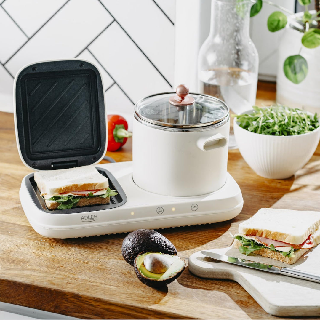 ADLER EUROPE AD 6421 Frühstücksstation 2-in-1 mit 1,0-L Kochtopf und Antihaft-Grillfläche | Retro De