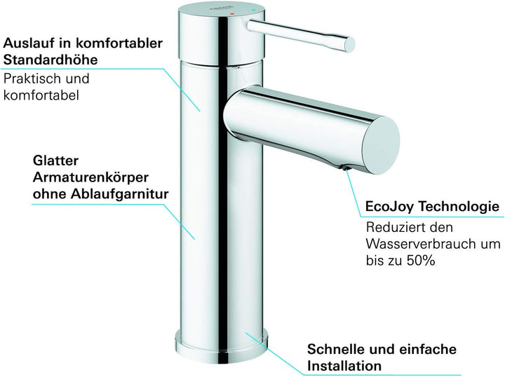 GROHE Essence - Einhand-Waschtischarmatur (wassersparend, mit Temperaturbegrenzer, S-Size), chrom, 3