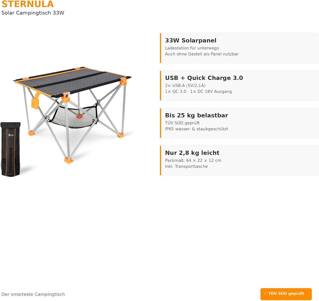 Solar Campingtisch faltbar klein leicht I 33W Solarpanel USB und Klapptisch I Outdoor Ausrüstung Ult