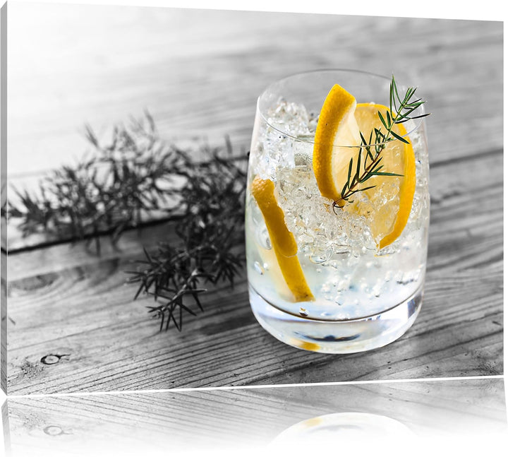 Drink garniert mit Zitrone und Rosmarin schwarz/weiss Format: 100x70 auf Leinwand, XXL riesige Bilde