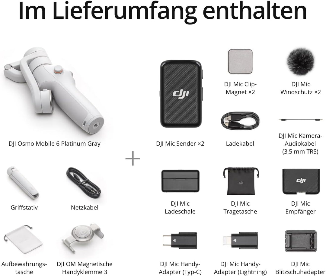 DJI Osmo Mobile 6 Premium Vlogging Combo, Intell. Handy-Gimbal, Objektverf., integr. Verlängerungsst
