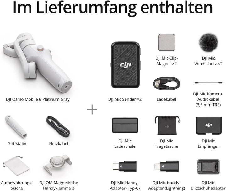 DJI Osmo Mobile 6 Premium Vlogging Combo, Intell. Handy-Gimbal, Objektverf., integr. Verlängerungsst