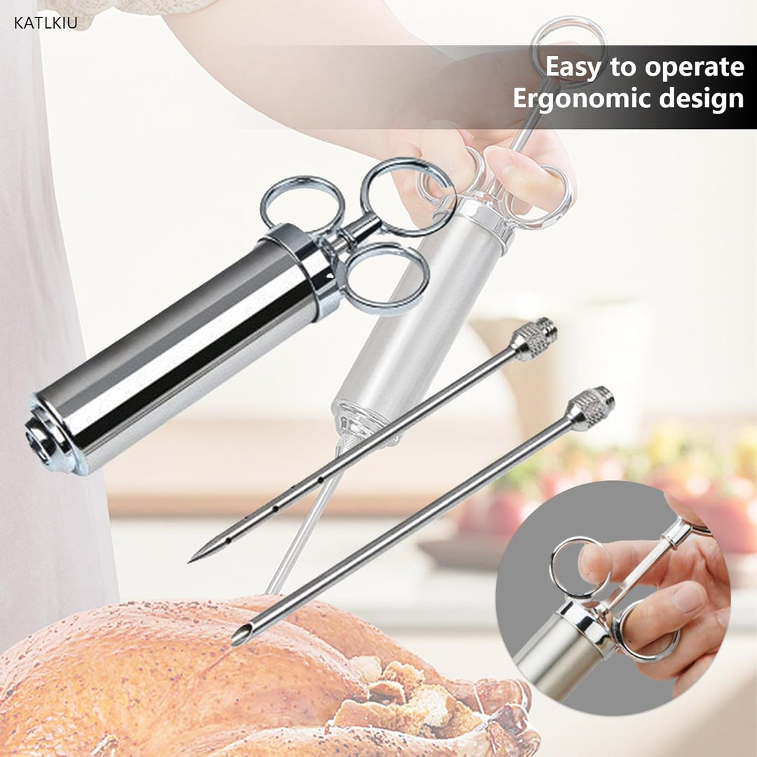 KATKLIU Fleischspritze Set aus Edelstahl 60ml mit 3 Nadeln – BBQ Marinadenspritze und Bratenspritze