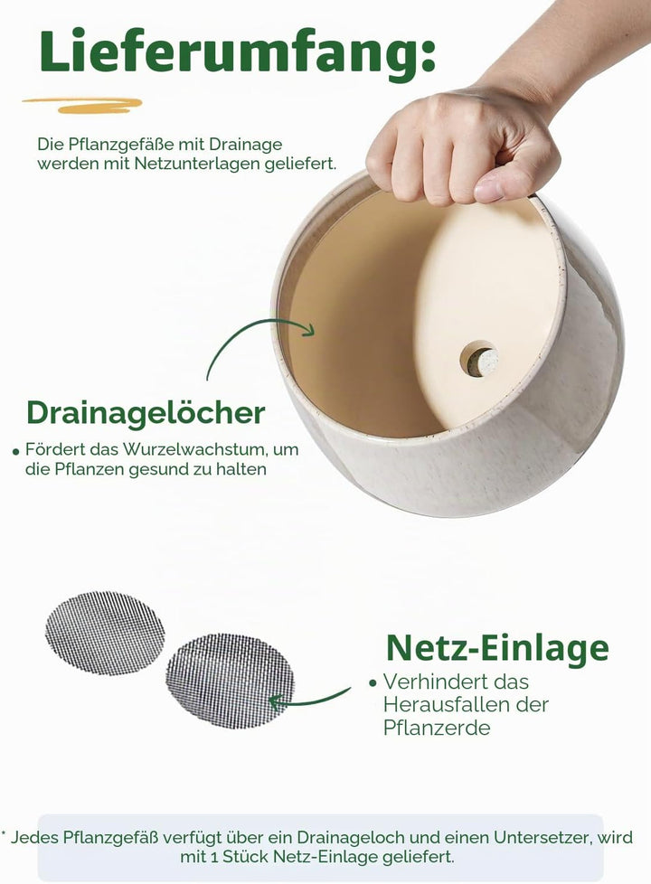LE TAUCI Blumentöpfe 4,1+5,1+16,5 cm 3er Set Keramik Pflanzgefässe mit Ablaufloch und Untersetzer, I