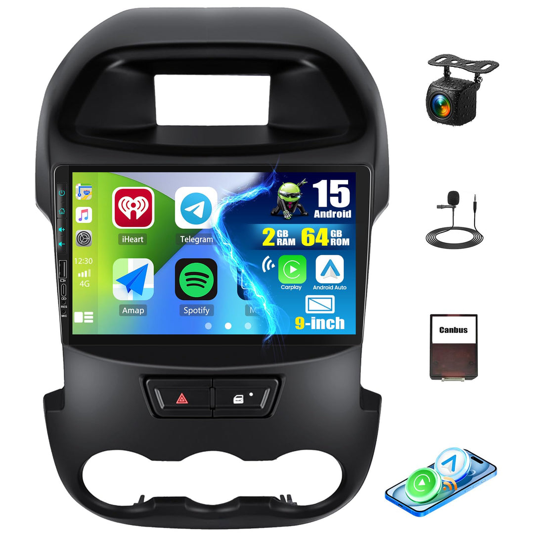 CAMECHO 2G+64G Android 15 Autoradio für Ford Ranger PX mit Navi Carplay Android Auto, 9-Zoll Bildsch