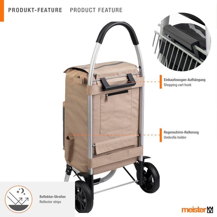 Meister Einkaufstrolley Beige, 54 + 5 L – Klappbarer Einkaufsroller mit grossen Reifen & Kühlfach –