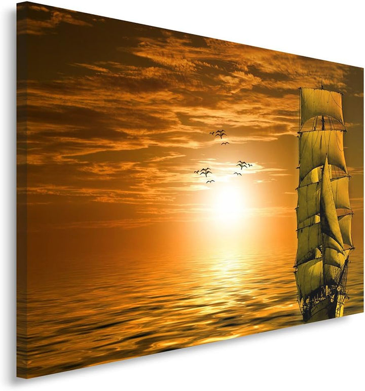 Feeby Bilder Sonnenuntergang Schiff Ozean 80x60 cm 1 Teilig Wohnzimmer Schlafzimmer Büro Flur Küche