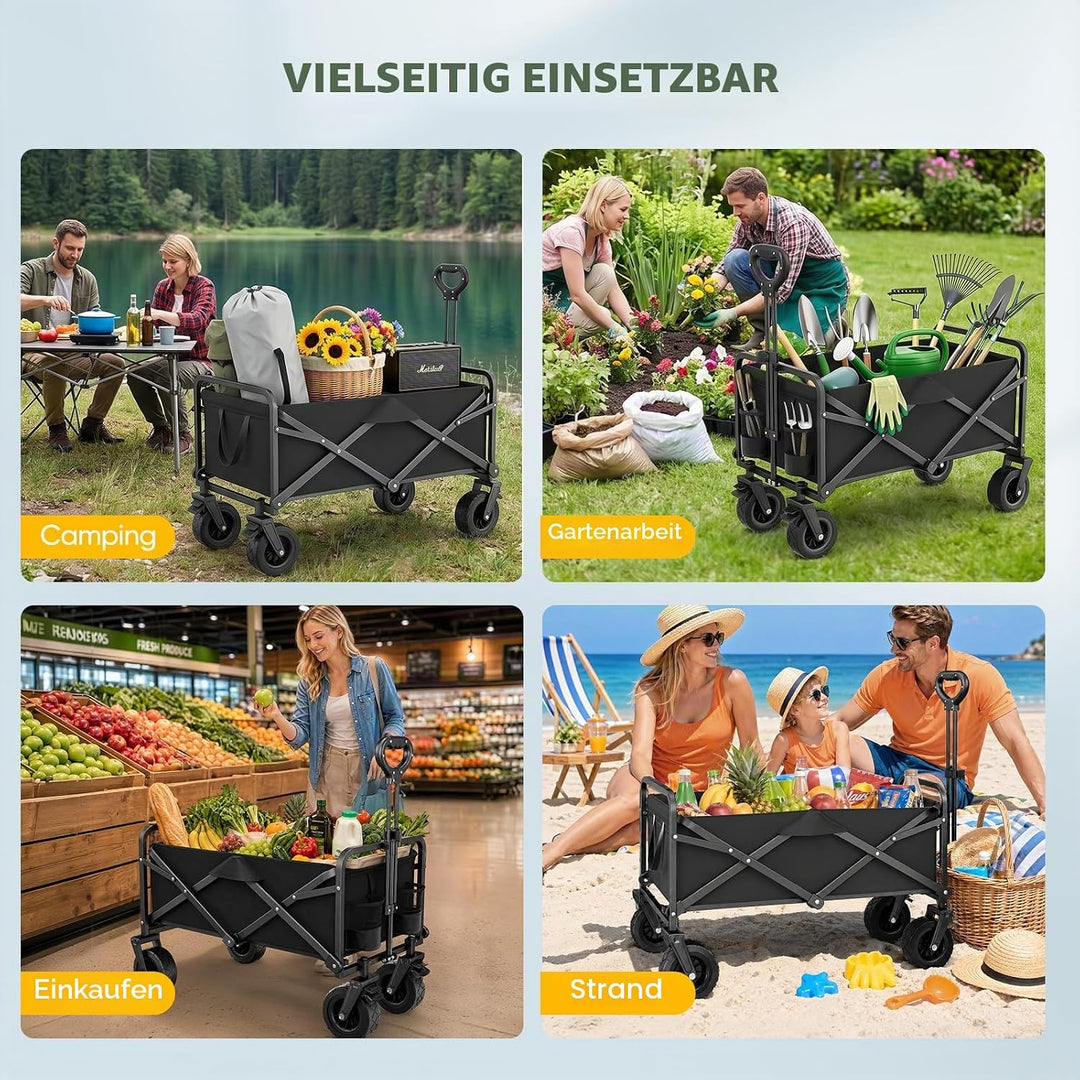 Bollerwagen Faltbar 100L/100KG Tragkraft – mit Bremsen, Handwagen mit Klappbarem Griff &amp; Abnehmbaren