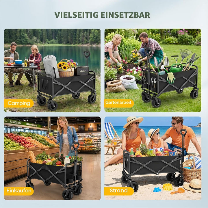 Bollerwagen Faltbar 100L/100KG Tragkraft – mit Bremsen, Handwagen mit Klappbarem Griff &amp; Abnehmbaren