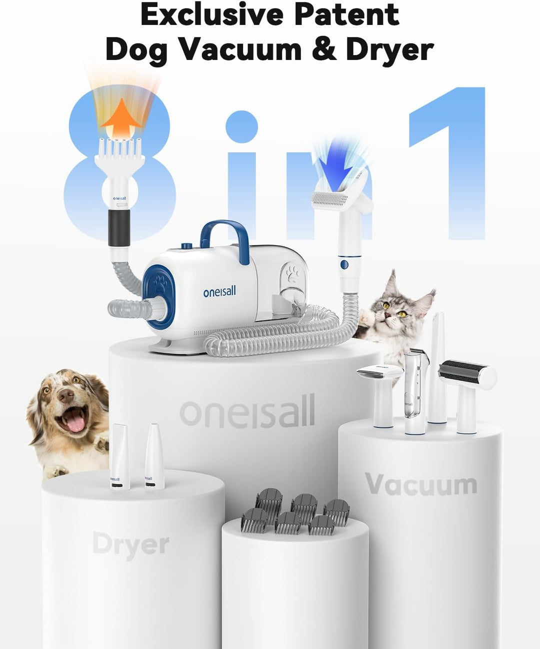 oneisall Hundeschermaschine mit Staubsauger und Trockner, Super Saugkraft mit 15000Pa, 7 Stufen der