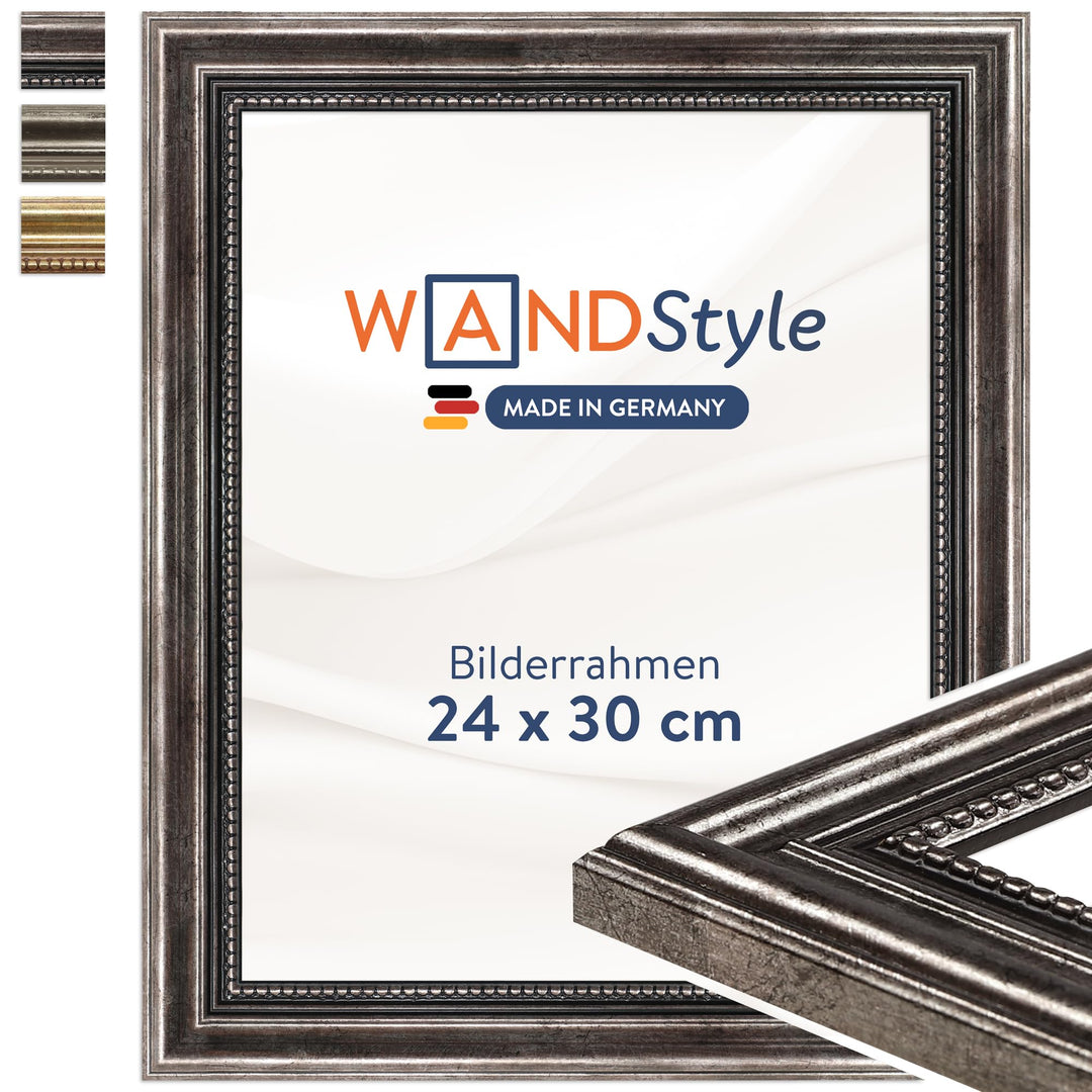 WANDStyle Bilderrahmen Metall-Optik 24x30 cm aus Holz im Barock-Stil zum Aufhängen, Fotorahmen Made