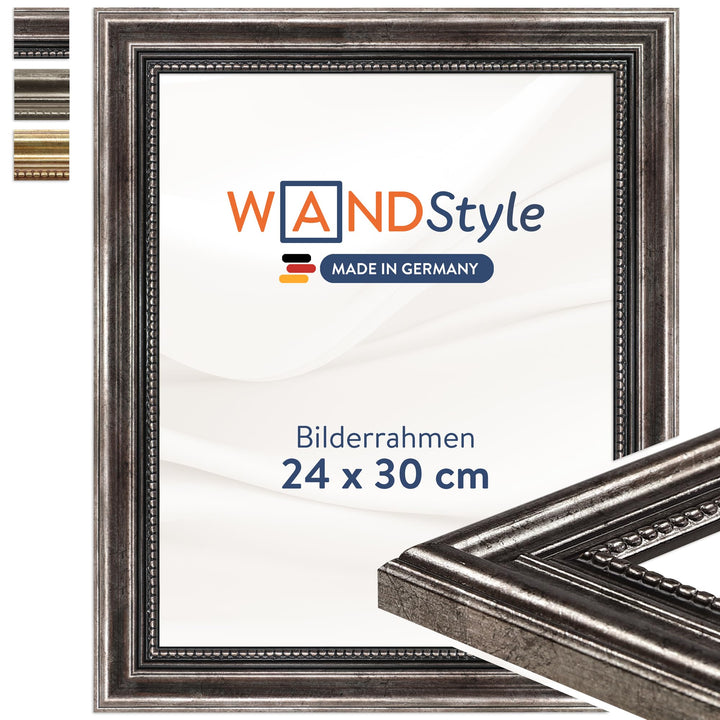 WANDStyle Bilderrahmen Metall-Optik 24x30 cm aus Holz im Barock-Stil zum Aufhängen, Fotorahmen Made