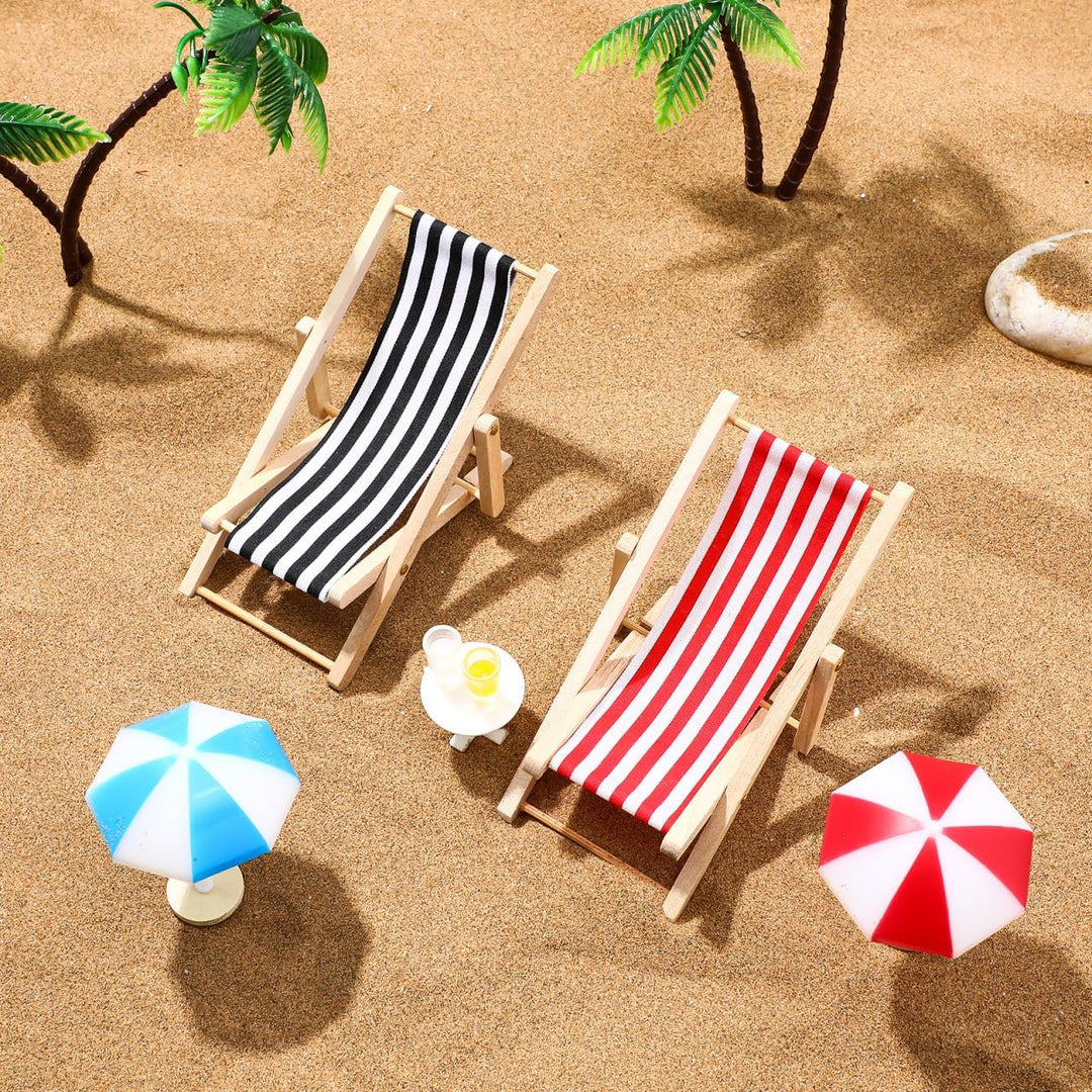 9 Stück Miniatur-Stranddeko Set: Palmen, Sonnenschirme, Liegestühle, Getränke Und Runder Tisch Für D