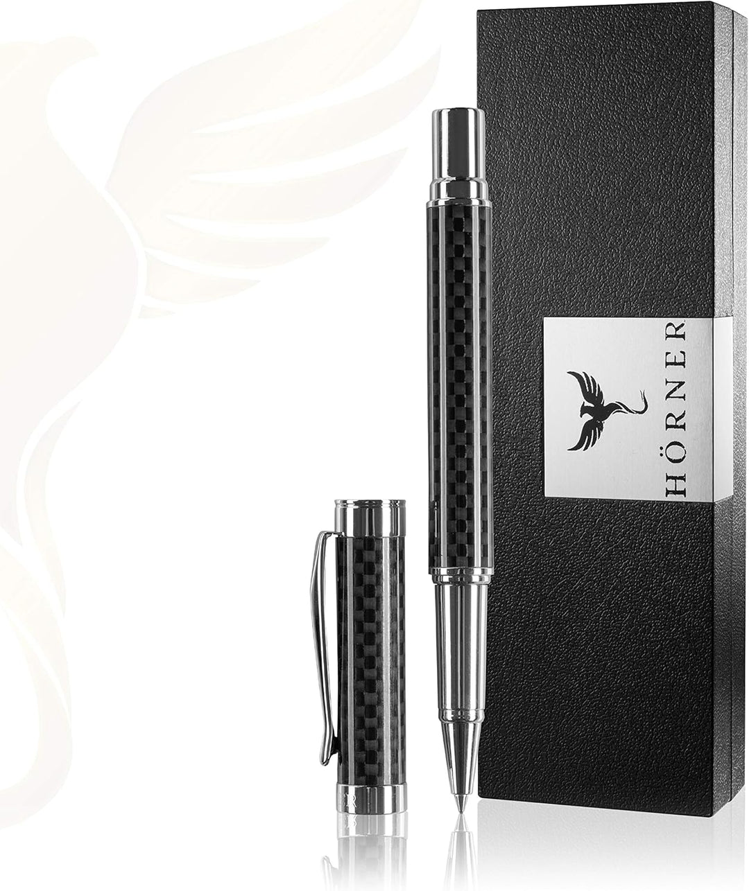 Hörner ONE - Hochwertiger Tintenroller Carbon schwarz silber | Schreibfarbe Blau 0,7 mm | Aus Metall