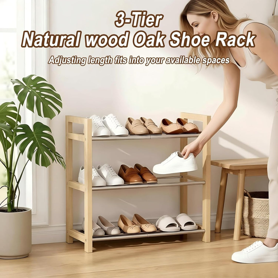 LEMIKKLE Schuhregal Holz Eiche 3-stöckig, Erweiterbar Mit Edelstahl-Elementen, Ideal Für Enge Räume,