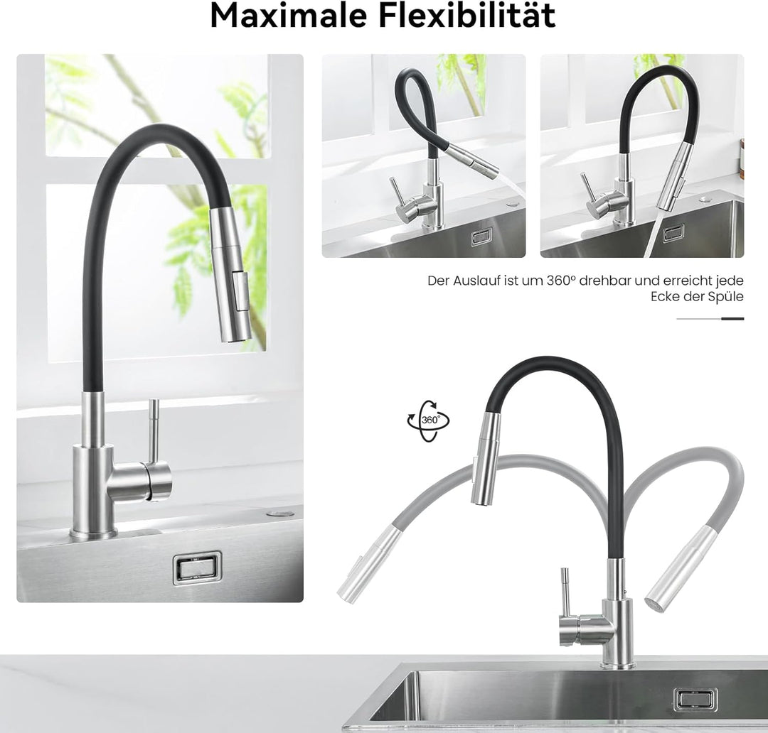 CECIPA Wasserhahn Küche Schwarz, Flexibler Wasserhahn mit 2 Strahlarten, Küchenarmatur Schwarz 360°D