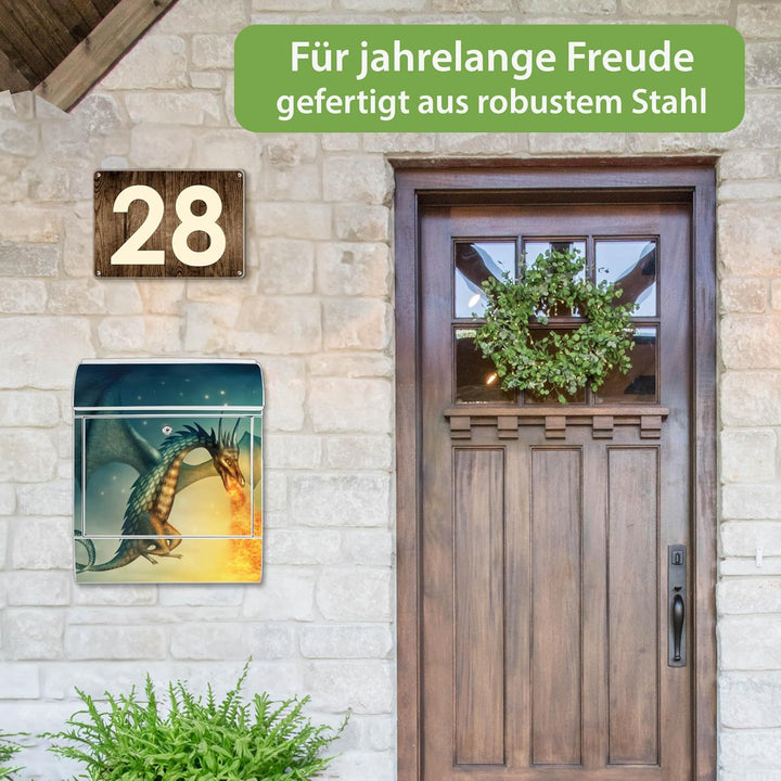 banjado® Design Briefkasten mit Motiv Drachen 39x47x14cm &amp; 2 Schlüssel - Briefkasten Stahl weiss mit