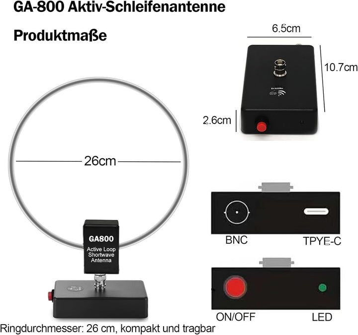 AURSINC GA800 Loop Antenna, Active Shortwave Radio Antenna with BNC Cable 10KHz-159MHz HF for Ham Ra