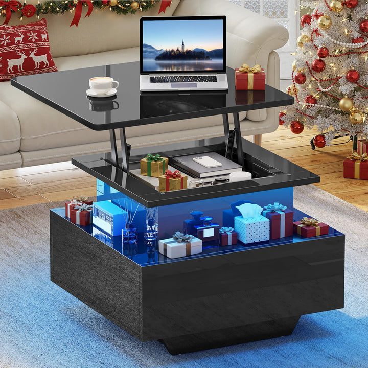 YITAHOME Couchtisch Höhenverstellbar mit LED Beleuchtung Modern, 60x60x45cm, Wohnzimmertisch Hochgla