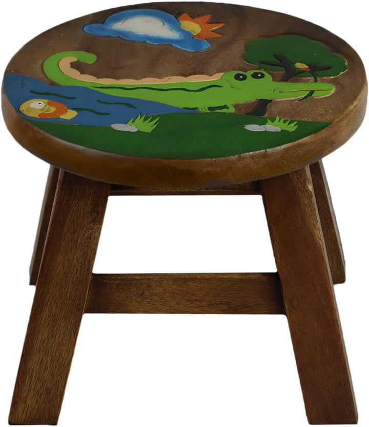 ART-CRAFT KH062 Kinderhocker Holz Schemel mit Motiv Krokodil bemalt und beschnitzt extra grosse Sitz