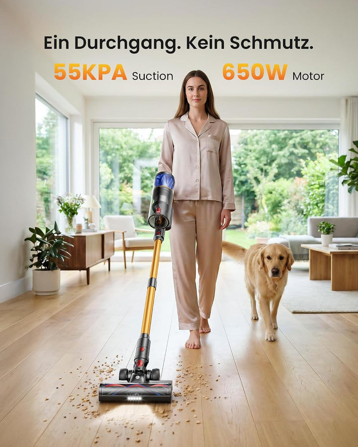 CHEBIO Akku Staubsauger mit DREI Saugmodi, 65KPA/650W/70Mins Staubsauger Kabellos mit LED Touchscree
