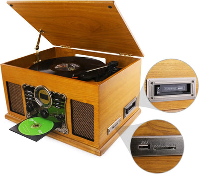 Plattenspieler 9-in-1 DAB Vinyl Turntable Vintage Holz mit Bluetooth/FM/Stereo-Lautsprecher/CD/MP3/K
