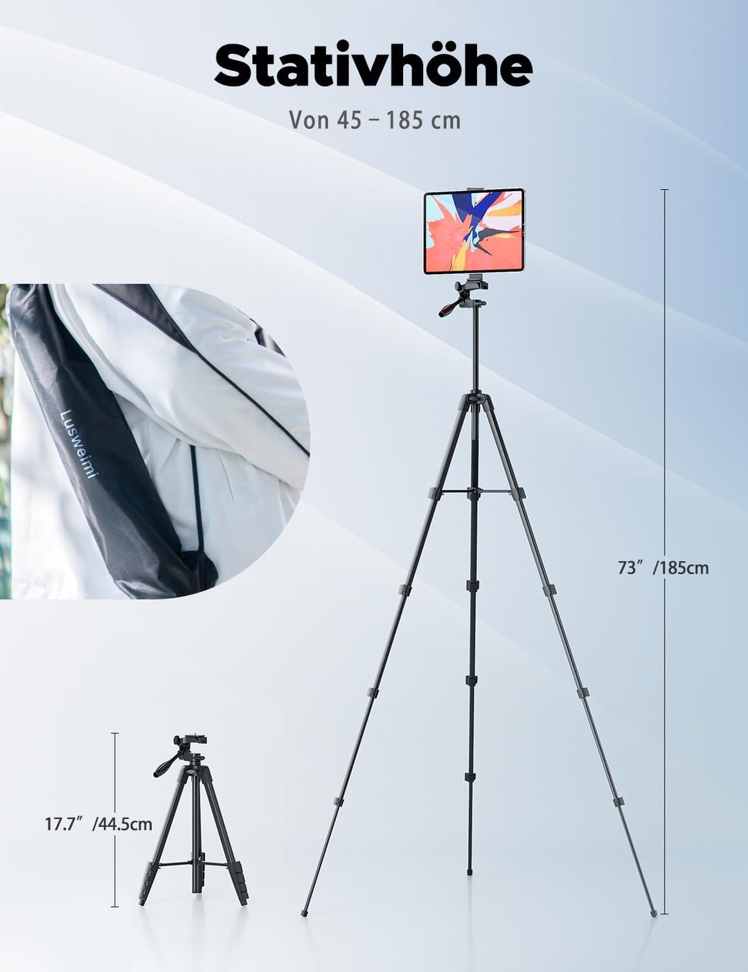 Stativ, Lusweimi 153 cm Kamerastativ für iPad Pro & iPhone Kompatibel mit Tablet/iPad Pro 12,9 Zoll/