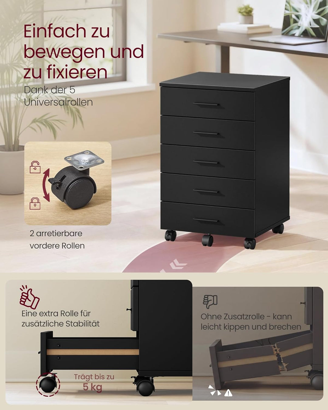 VASAGLE Rollcontainer, mobiler Aktenschrank, Schubladenschrank, Druckerständer mit 5 Schubladen, mit