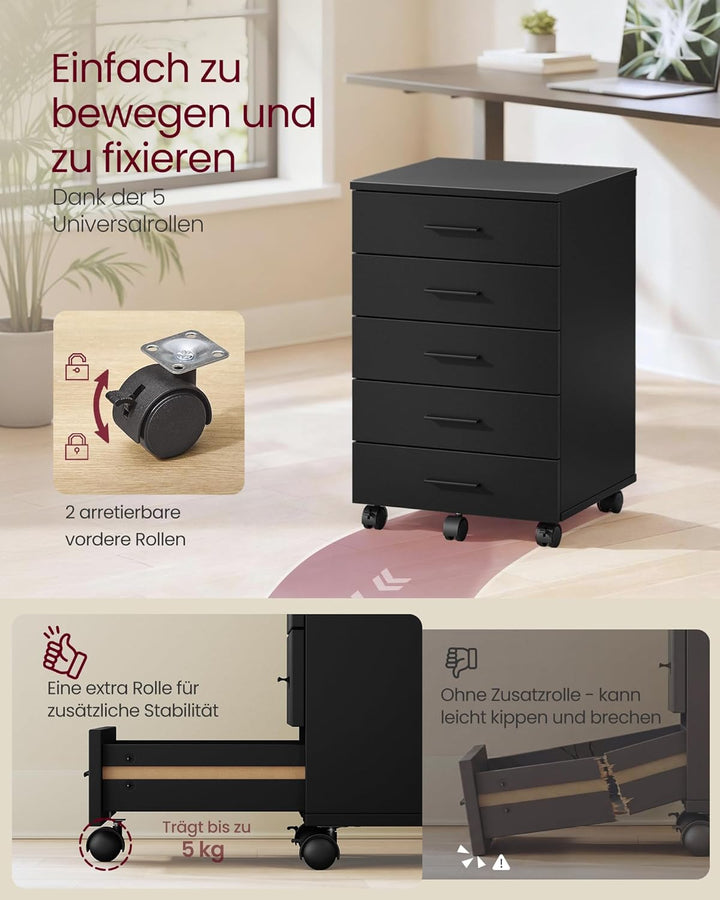 VASAGLE Rollcontainer, mobiler Aktenschrank, Schubladenschrank, Druckerständer mit 5 Schubladen, mit
