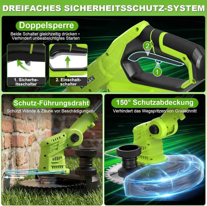 Rasentrimmer Akku 21V mit 2 Akkus und Ladegerät, Freischneider Akku 24000U/min mit LCD-Anzeige, Akku