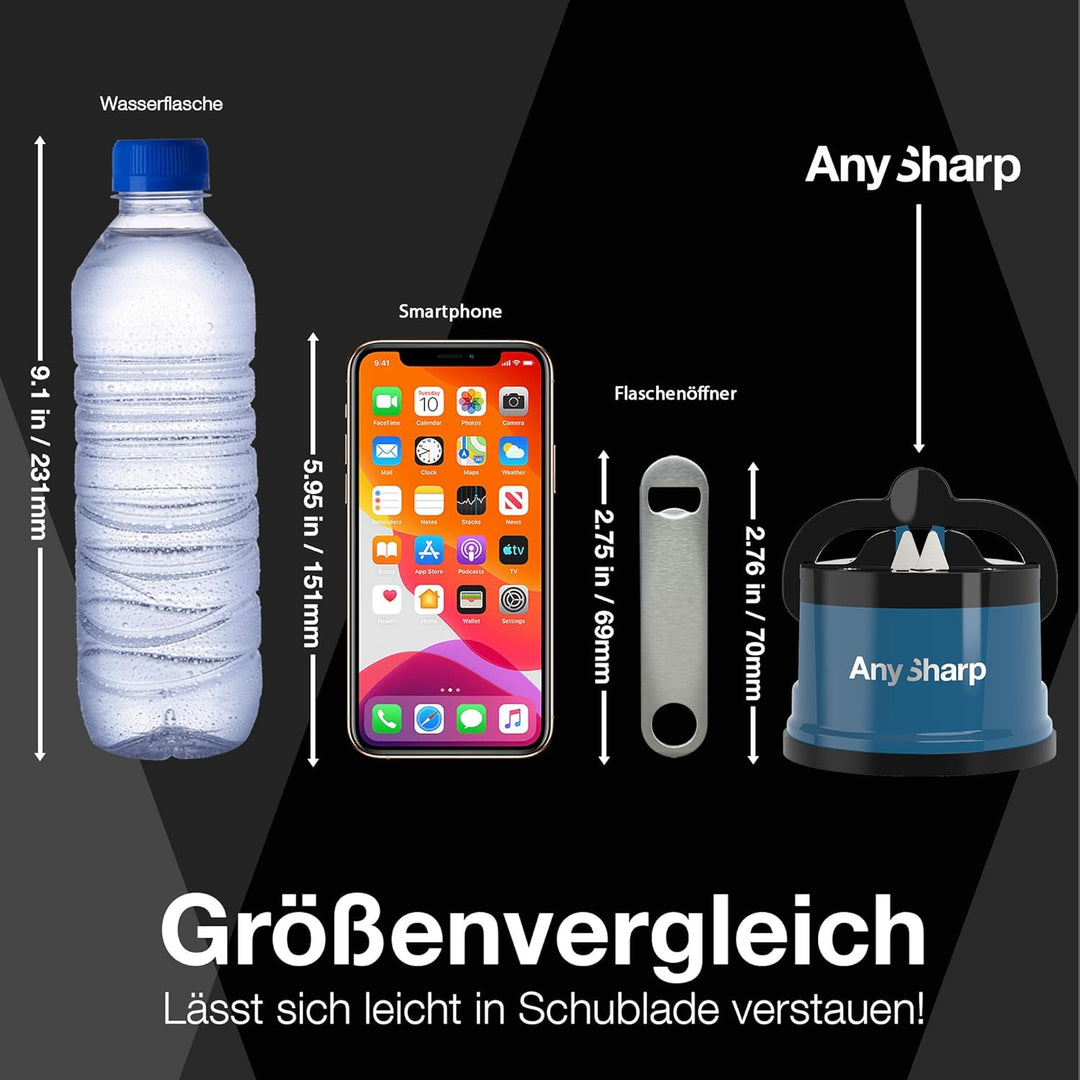 AnySharp Messerschärfer, Freihändige Sicherheit, PowerGrip Saugnapf, Sicheres Schärfen aller Küchenm