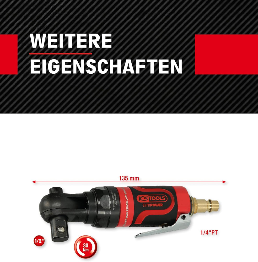 KS Tools Mini Druckluft Ratsche 1/2" SlimPOWER 515.5515 I Umschaltratsche mit Vierkantantrieb nach D
