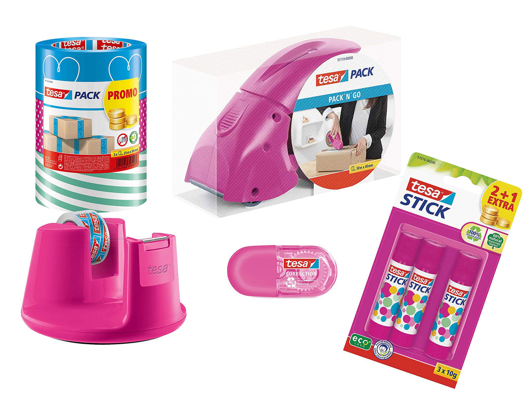 tesapack Abroller Pack' n' Go - Ergonomischer, pinker Handabroller für Paketbänder - Inklusive 50 m